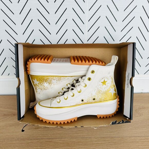 Converse Run Star Hike Hi Men Shoes Sz 6 Gold Embroidered Stars Platform A12900C - Picture 8 of 10